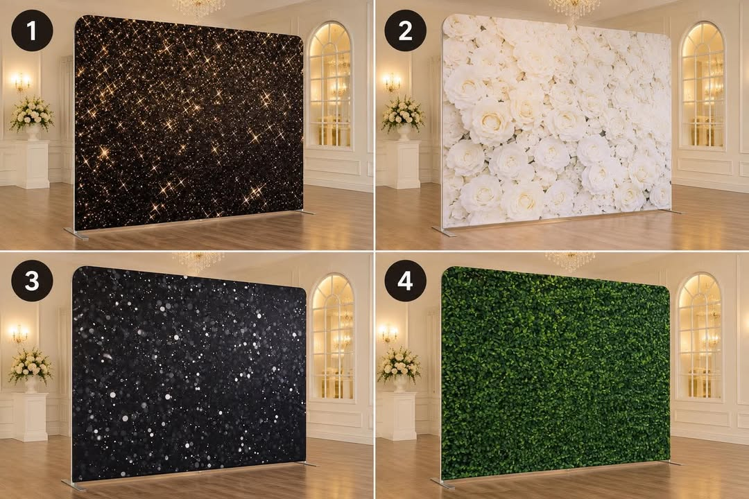 Backdrop options: Gold Stars, White Roses, Black Glitter, Green Hedge
